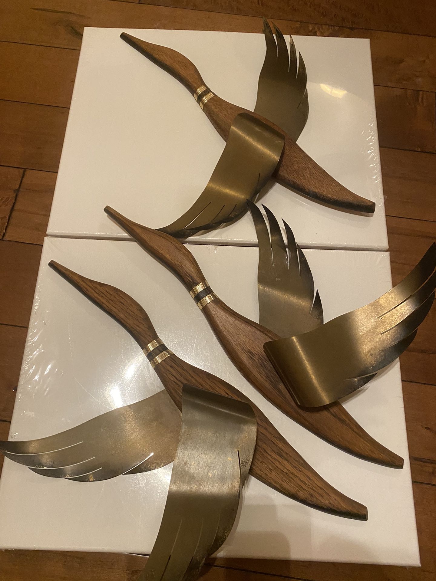 MCM Vintage Wood And Metal Brass Flying Ducks. Set of 3. Good Vintage Condition. 20x19 Inches.