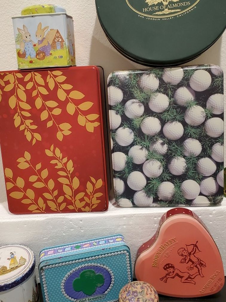 9 Vintage Decorative Tin Cans/Containers With Lids