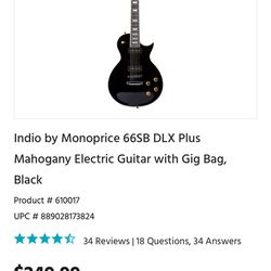 Indio by Monoprice 66SB DLX Plus Mahogany Electric Guitar plus gig bag UNOPENED 