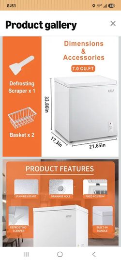 7.0 Cu.Ft Compact Chest Freezer with Removable Basket, Krib Bling Top Door Open Freestanding Deep Freezer with 7 Gears Temperature Adjustment, Ideal f