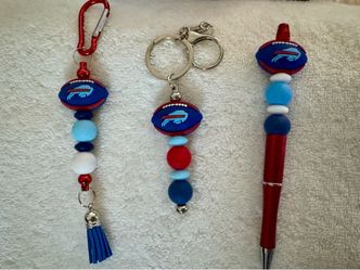 Handmade Buffalo Bills Beaded Rear View Mirror Charm, Keychain and Pen