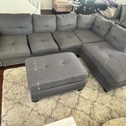 Charcoal Linen Couch With Silver Studs
