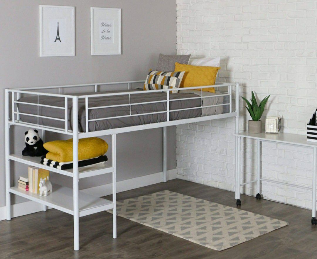 Walker Edison Twin Metal Loft Bed & Desk - Brand New in Box - White