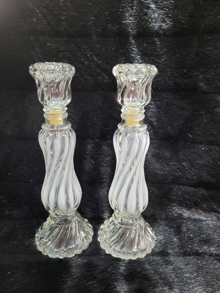 Vintage Opalescent Swirl Glass Candle Holders ( Set Of 2) 