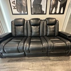 Twin Set Of Black Leather Reclining Couches (LED) 