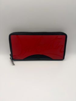 Authentic Christian Louboutin Long Wallet zip Logo Embossed Panettone Studded  BK Red