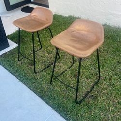 2 Standard Size Bar Stools Brown Leather Black Metal