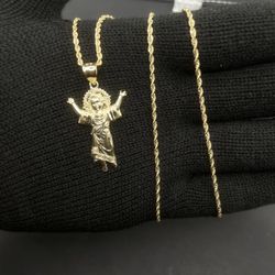 10K Saint Jude Pendant With 10K Gold Rope Chain