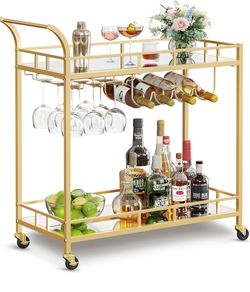 Bar Cart with 2 Mirrored Shelves, Wine Holders, Glass Holders Home Bar Serving Cart, Wine Cart, for Kitchen, Dining Room, Gold, 15 x 33.9 x 35.4 inche