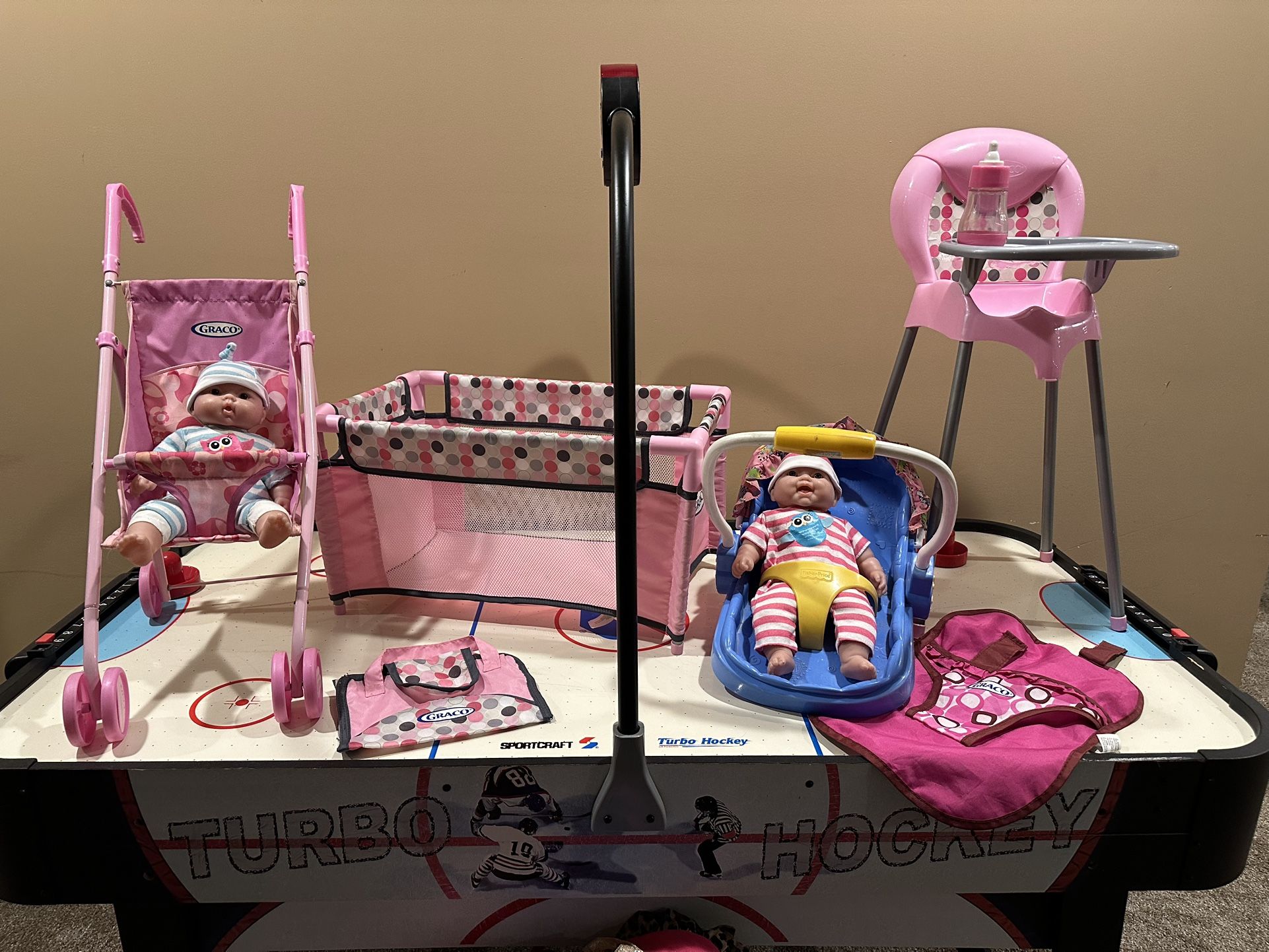 Graco Baby Doll Stroller, Twin Dolls, Crib, Carriers, Diaper Bag