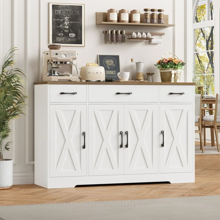 Assembled Buffet Cabinet with 3 Drawers and 4 Doors, 55.1” W Kitchen Sideboard Storage Cabinet with Adjustable Shelves, Farmhouse Coffee Bar Cabinet f