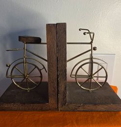 Vintage Set of Gold Tone Metal Bicycle/Brown Bookends