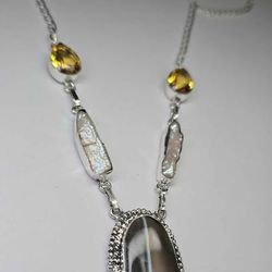 Citrine, Water Pearl and Botswana Agate Natural Gemstone Sterling Silver Necklace