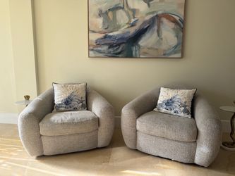 Pair of Rounded Boucle Accent Chairs grey with pillows
