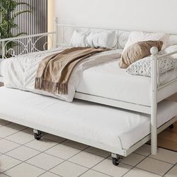 Metal White Trundle Twin Bed 