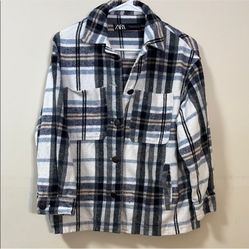 Zara Plaid Oversized Jacket in Blue and White / Shacket Size XS