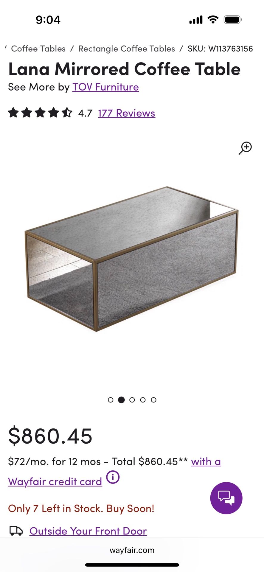 Lana Mirrored Coffee Table 17.5'' H X 23'' W X 43'' D
