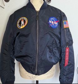 NASA navy blue nylon reversible bomber jacket with accessories and patches, L-XL