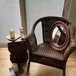 Accent Chair, Trunks, Mirror, Candles And Hourglass