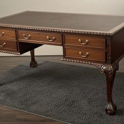 Ornate Solid Teak Wood Chippendale-Style Executive Desk