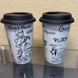 2 Disney Sketch Book Characters Ceramic Travel Tumblers w/ Lids