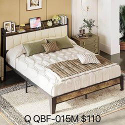 Queen Bed Frame, Storage Headboard with Charging Station, Solid and Stable,(QBF-015m)