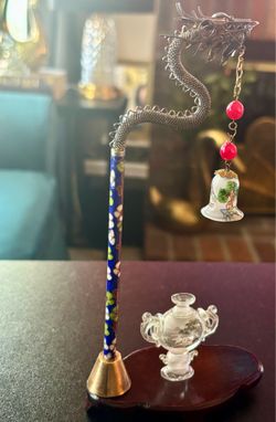 Rare Vtg Reverse Painted Bell and Censer With Bead Wood & Cloisonne Dragon Stand