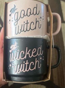 Cute Set Of 2 Mugs Pink And Black Good Witch bad witch new
