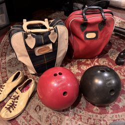 Two Vintage Bowling Balls + Carrying Case 