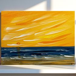 Sun Setting Over The Sea Acrylic Seascape Painting 6" x 8" Unframed - Signed