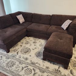 L Shape Chenille Sectional Sofa Couch With Ottoman 