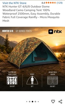 NTK Hunter GT 4/6/8 Outdoor Dome Woodland Camo Camping Tent 100% Waterproof 2500mm, Easy Assembly