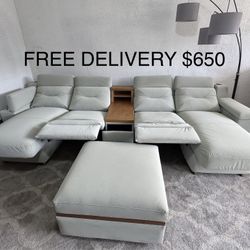 FREE DELIVERY - Modern Reclining Sofa Set w/ Ottoman Two Wireless Phone Chargers & USB Ports!