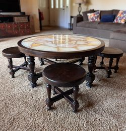Vintage Onyx Coffee / Cocktail Table with Nesting Stools – Stone Top