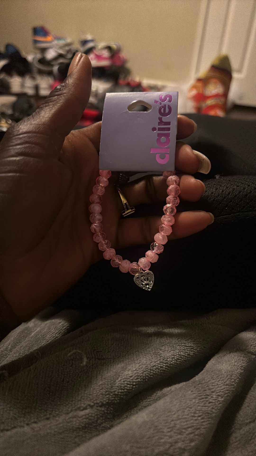 SILVER HEART PINK BEADED STRETCH BRACELET