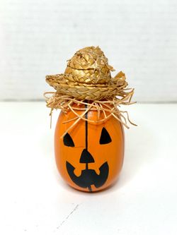 Vintage Wooden Halloween Jack-O-Lantern with Straw Hat Figurine