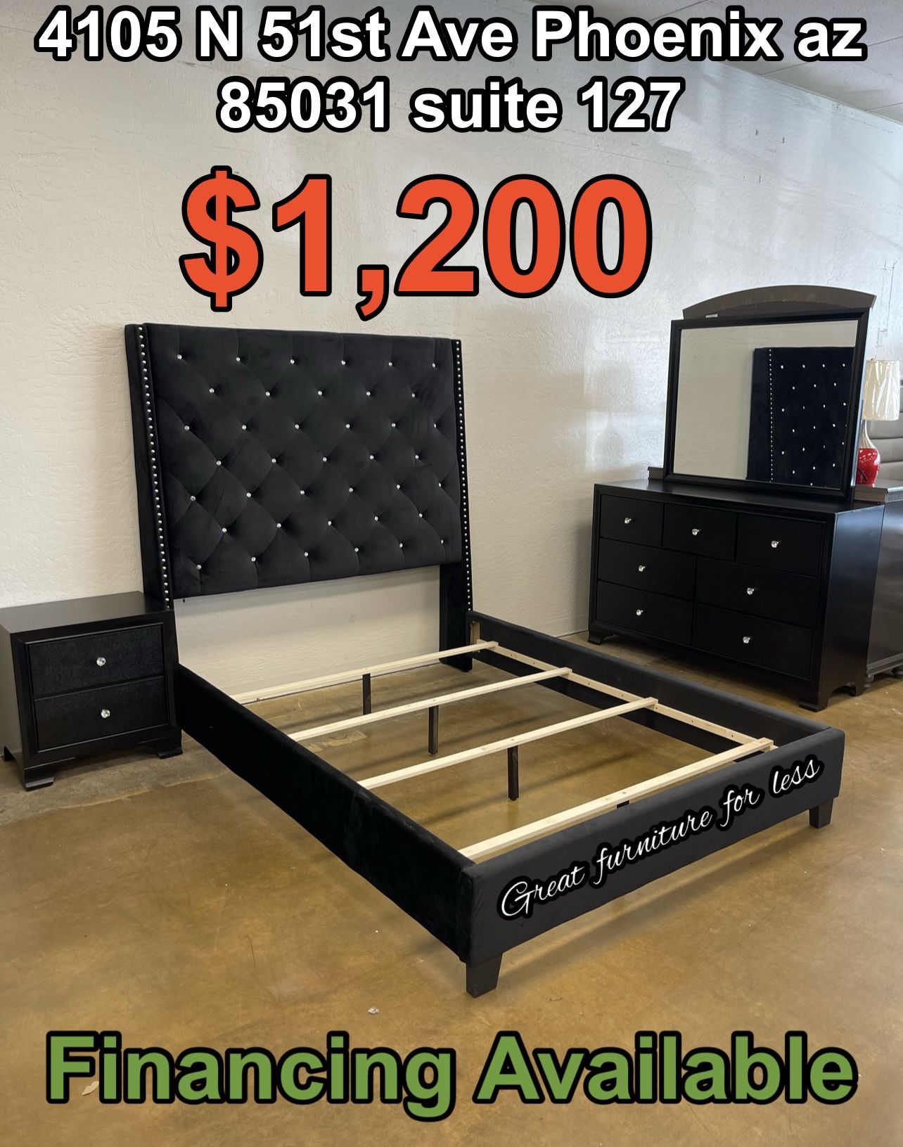 4 PCs Queen Size Bedroom Set Black Include Bed Frame Dresser Mirror And 1 Nightstand Brand New 