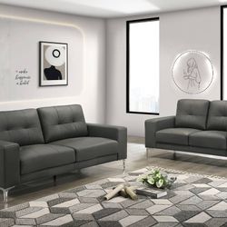 Brand New Grey Leather Modern Style Sofa and Loveseat