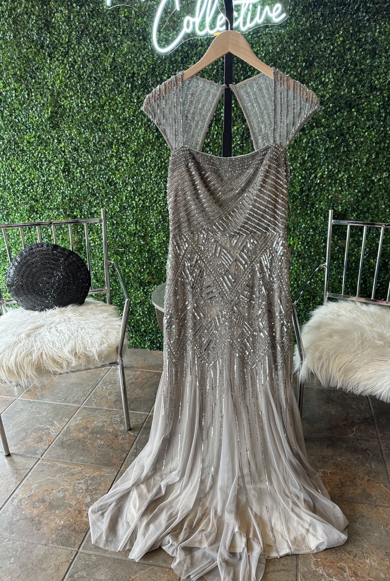 NWT Adrianna Papell Silver Sequin Gown