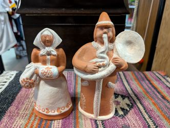 Vintage Signed Terracotta Folk Musician Figurine Pair Hand Painted Decor Art