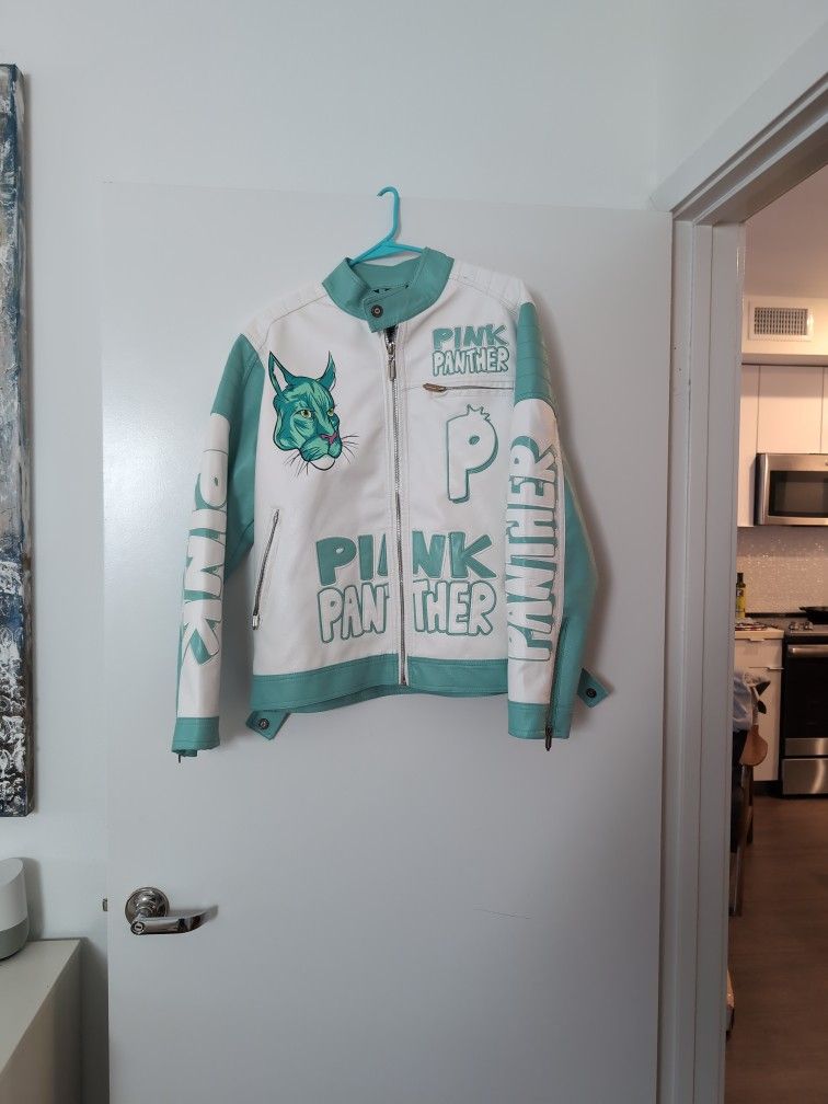 Pink Panther Leather jacket white and teal