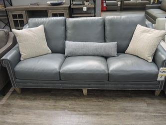 Dash & Edison Whitman Slate Blue-Grey Leather Roll-Arm Sofa with Nailhead Trim