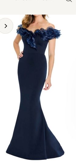 Navy Blue Off-Shoulder Ruffle Mermaid Gown