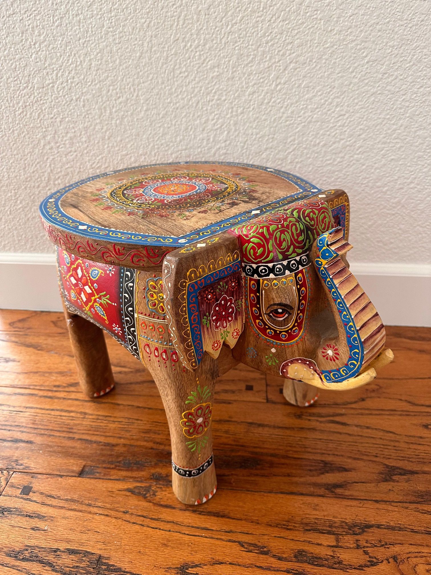 Hand-Painted Colorful Wooden Elephant Stool