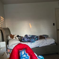 Grey twin Wood Bed Frame and Headboard Plus Drawer