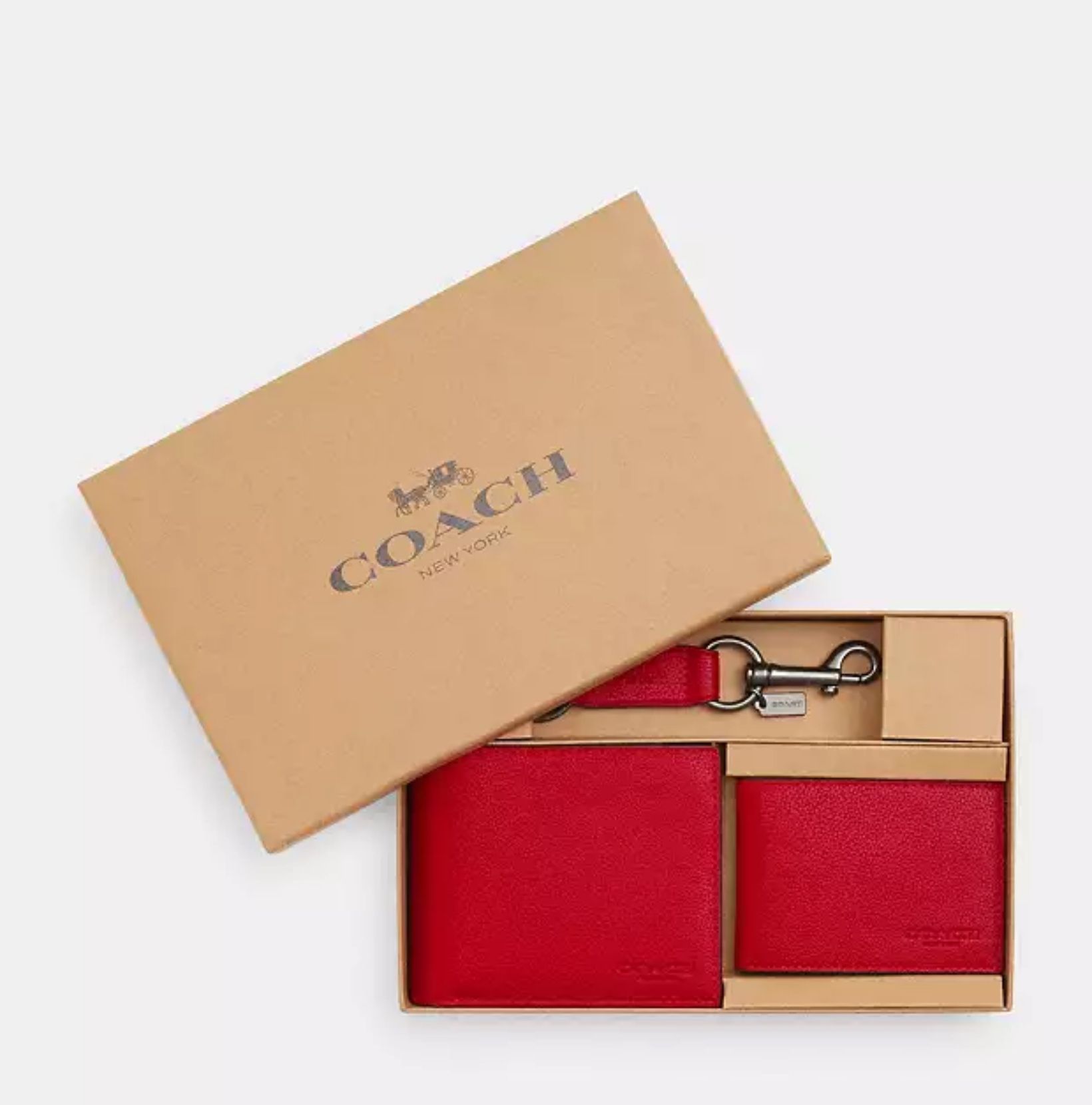 Coach CS433 Men’s Boxed 3 In 1 Wallet Gift Set Red leather key fob keychain ID $280 MSRP