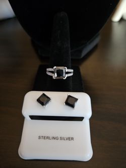 Black square cut Moissanite size 7 ring & earrings 925 Sterling silver
