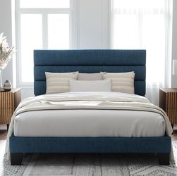 Full/Queen size platform upholstered fabric bed frame with wooden slats