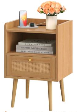Nightstand with Charging Station & Rattan Decor Drawer, Boho Bedside End Table, Bed Side Table with Open Storage  (Already Assembled)