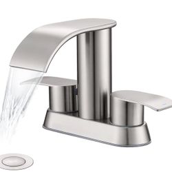 Waterfall Bathroom Sink Faucet Brushed Nickel, Two Handles Bathroom Faucet with Metal Pop up Sink Drain Stopper, Two Or 3 Holes Bathroom Basin Mixer T